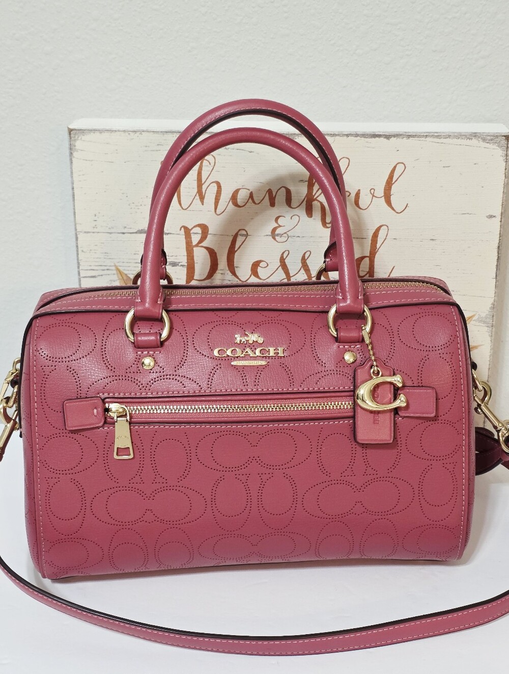 Rare Coach Rowan MEDIUM Sig C Perforated Leather Gold Rouge Pink 1006 Crossbody